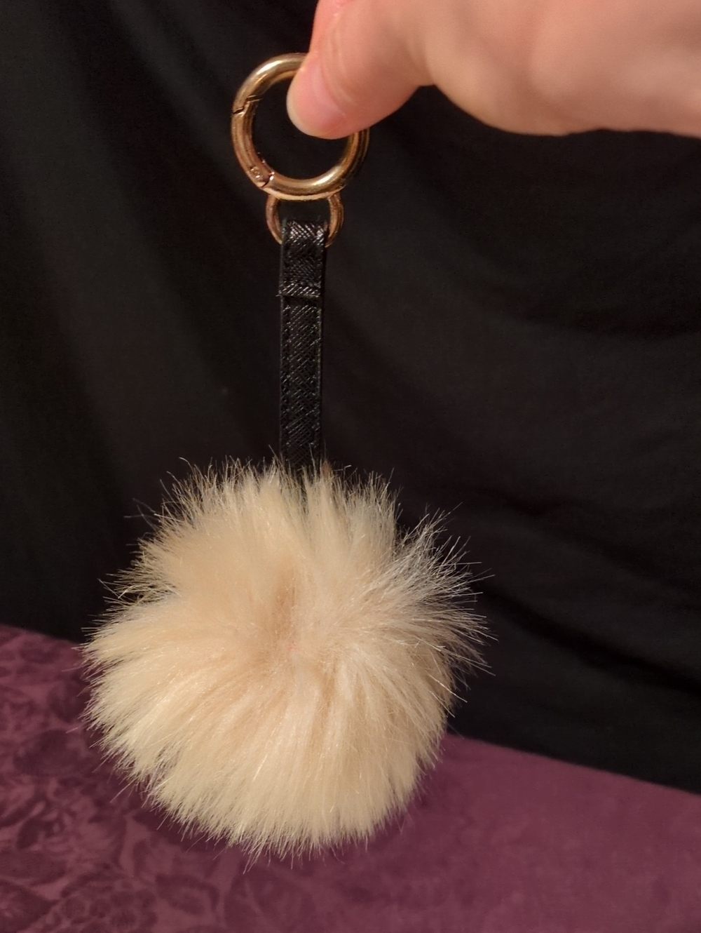 Beige Faux Fur Pom Keychain Bag Charm with Black Faux Leather Strap